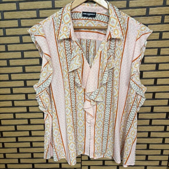 Karl Lagerfeld Pink Pearl‎ Button Front Cap Sleeve Plus Size Blouse - Picture 1 of 9